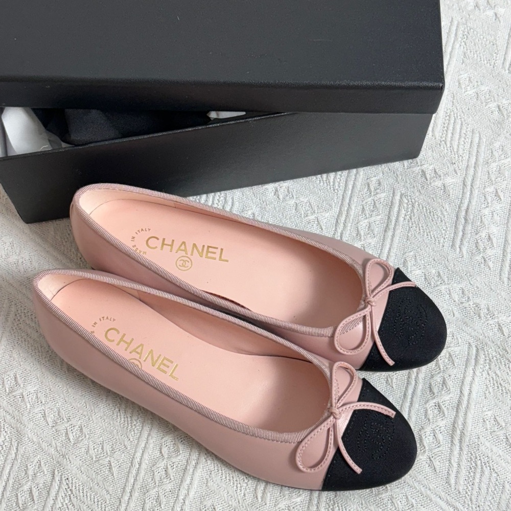 Chanel Pink Black Ballet Flats for Women